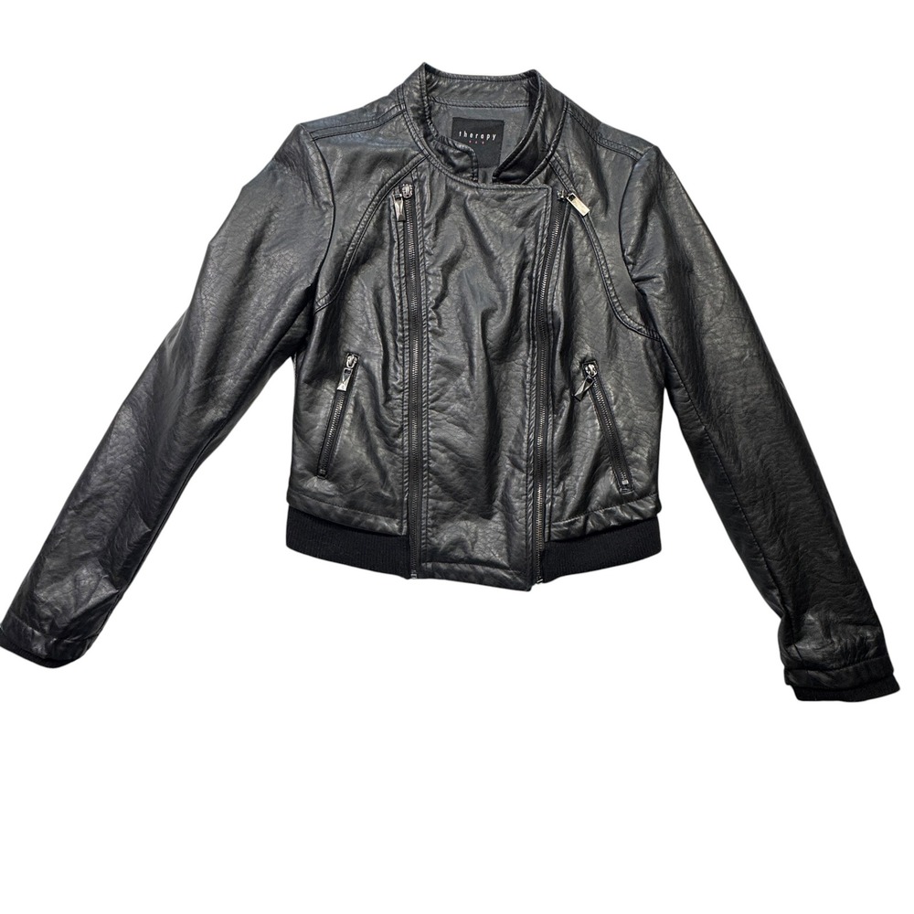 Therapy Moto Jacket Women Large Black Faux Leather Asymmetric Zip 22123A
